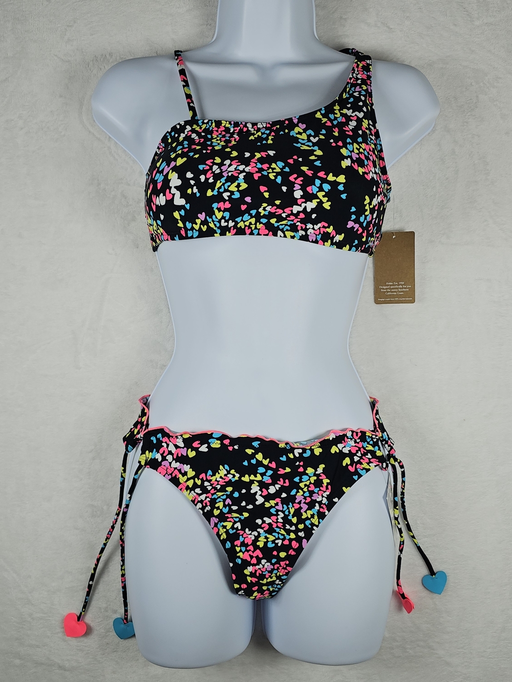 Hobie Girls Hearts A-Flutter 2-Pc Swimsuit One Shoulder Bikini Set Black Size 14